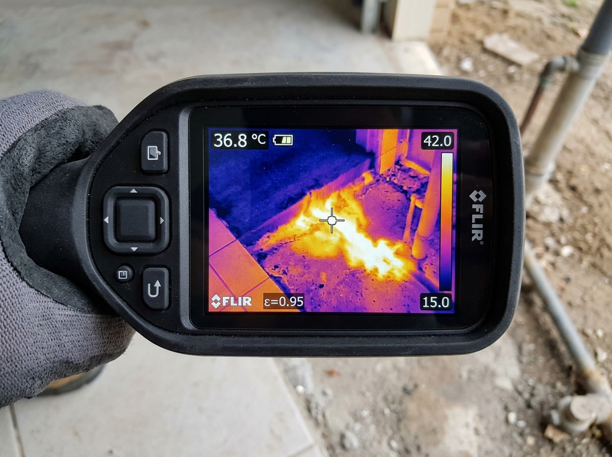 Thermal imaging scan revealing hot water slab leak under concrete floor in Pittsburg CA