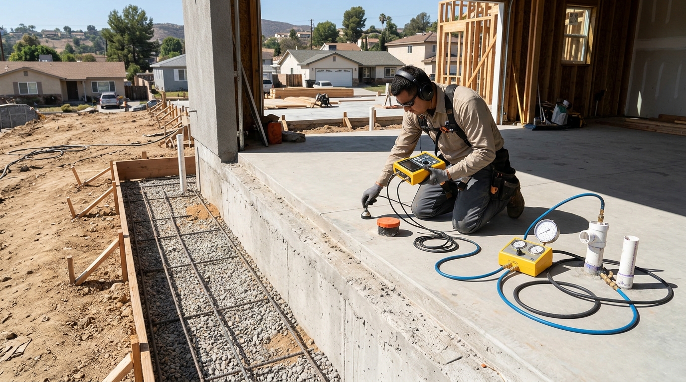 Plumber testing pressurized foundation lines for slab leak repair in Pittsburg CA
